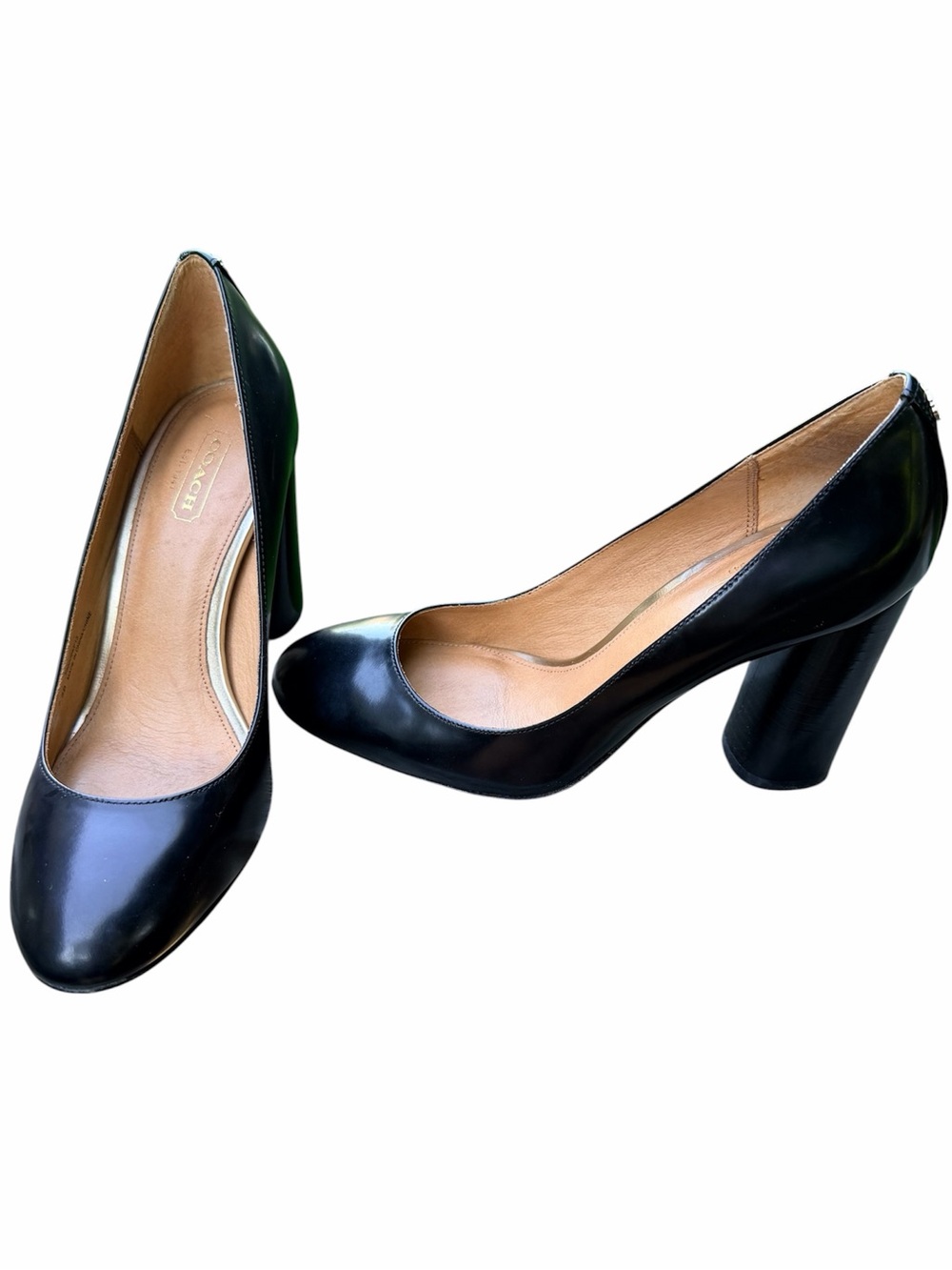 COACH Classic Black Round Toe Leather Block Heels Women’s Size 7.5